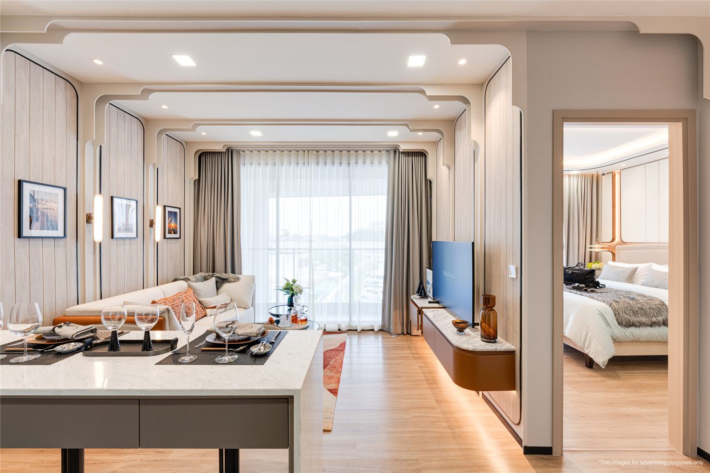 Living area and bedroom view in Aquarous 50 sq.m. showroom