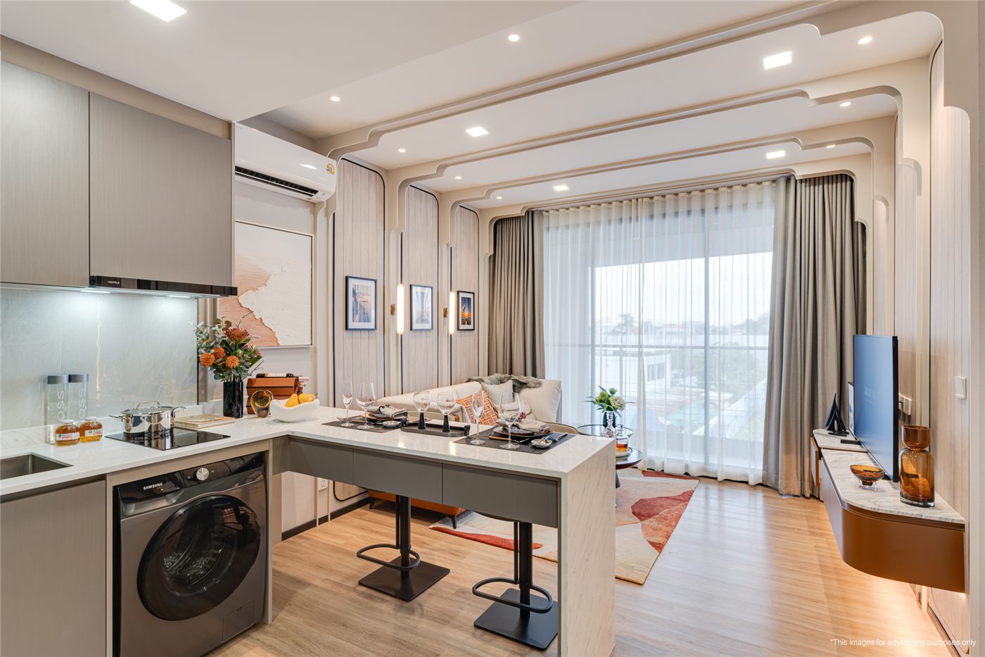 Living room and kitchen in Aquarous 50 sq.m. showroom