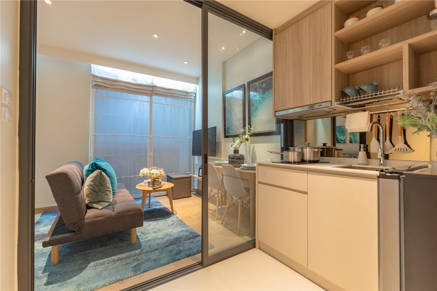 One-bedroom apartment living and dining area