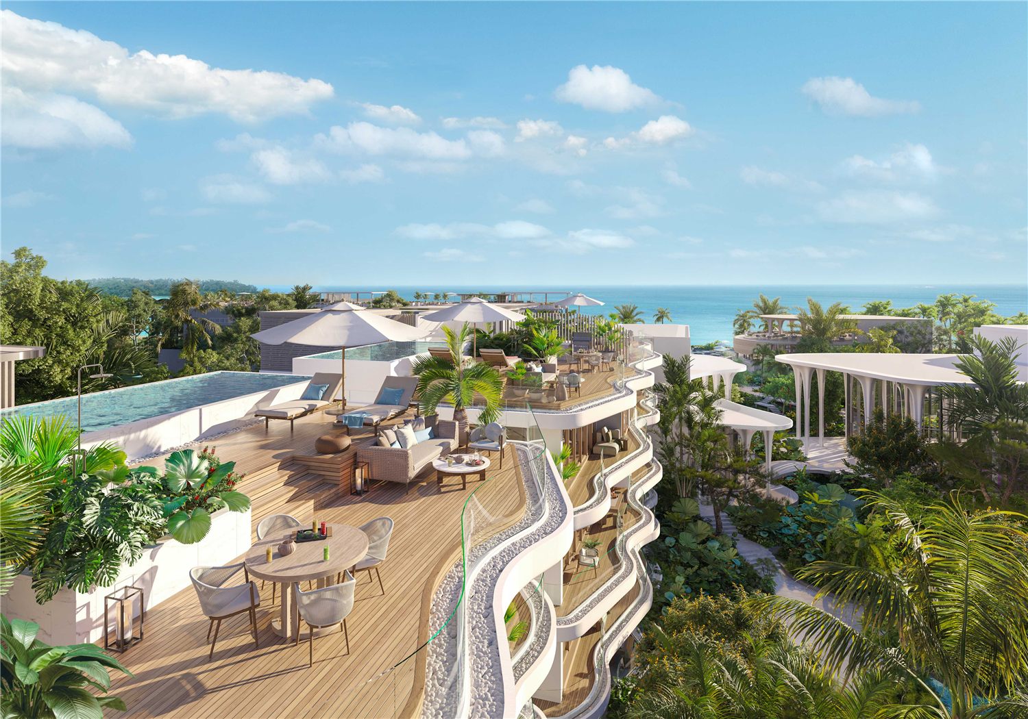 Изогнутые террасы и крыши резиденций Garrya Phuket — рендер