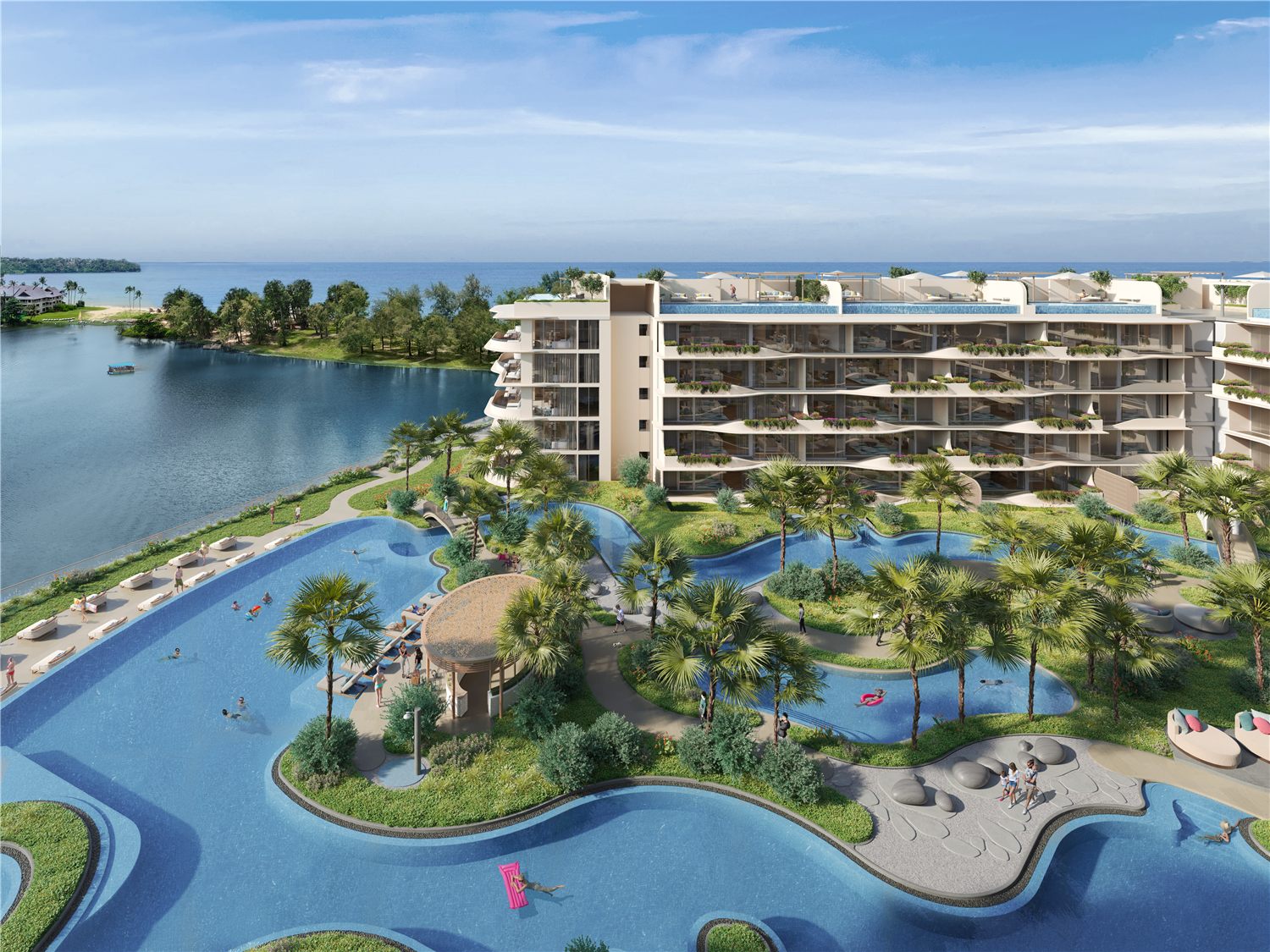 Laguna Bayside residential buildings and pools