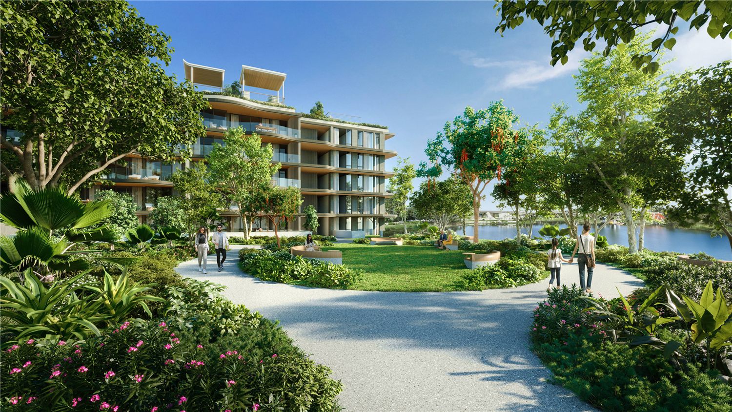Landscaped lakeside park at Bellaguna Lotus