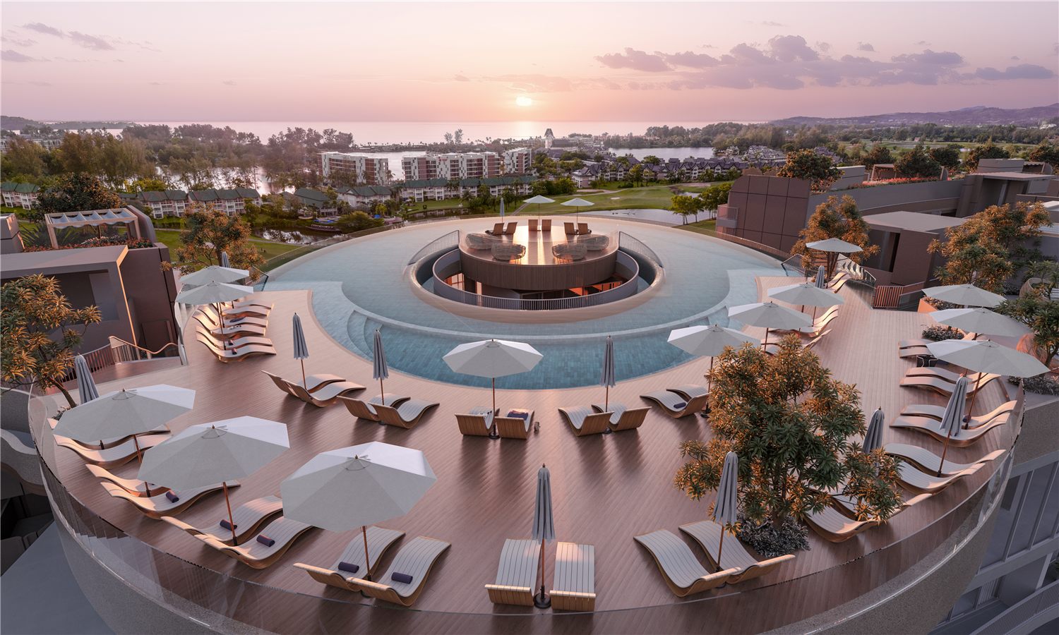 Ring-shaped rooftop pool overlooking Laguna Golf