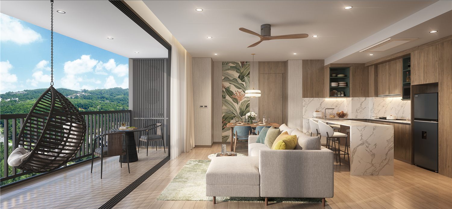 Living area in a two-bedroom Elara apartment