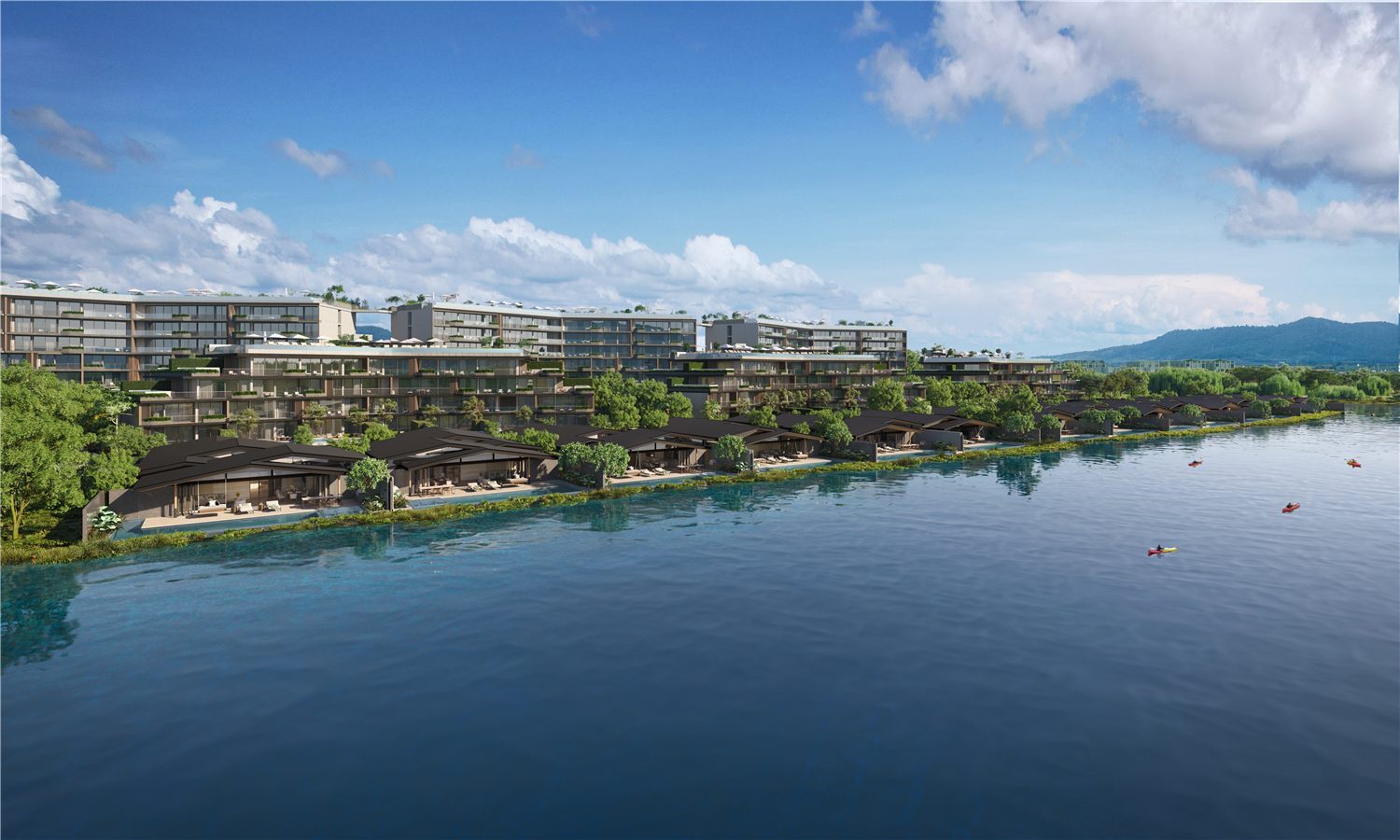 Waterfront villas lake and tropical landscape