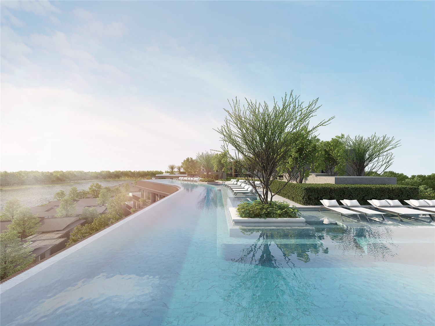Infinity-edge swimming pool overlooking the lakeside landscape
