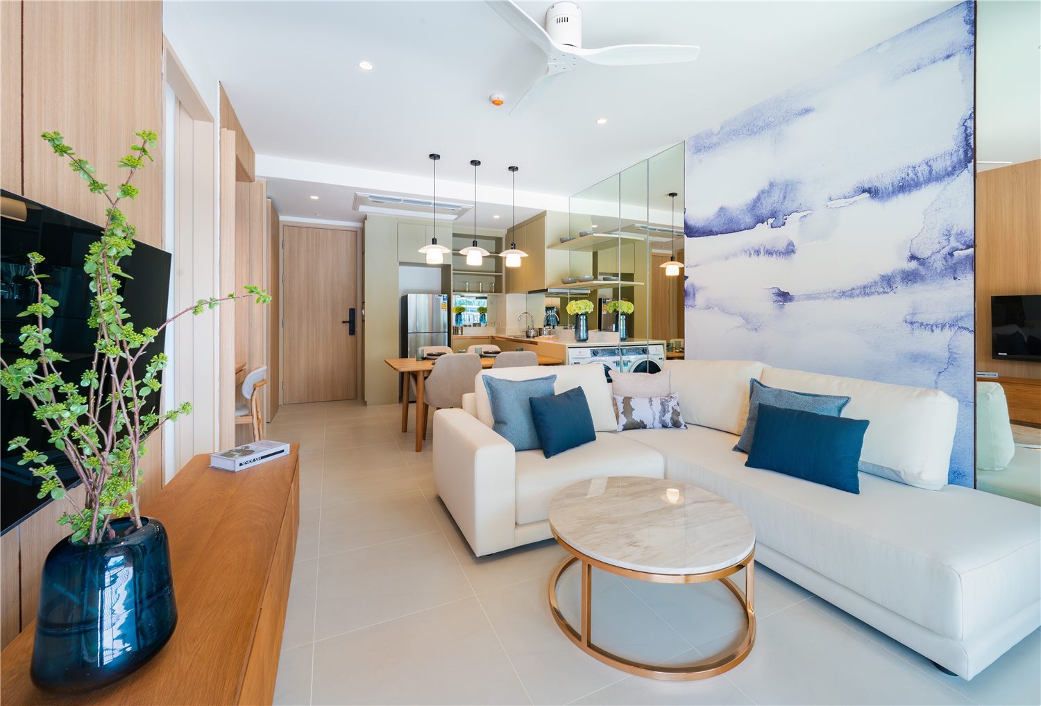 Living room of a one-bedroom Waterside apartment