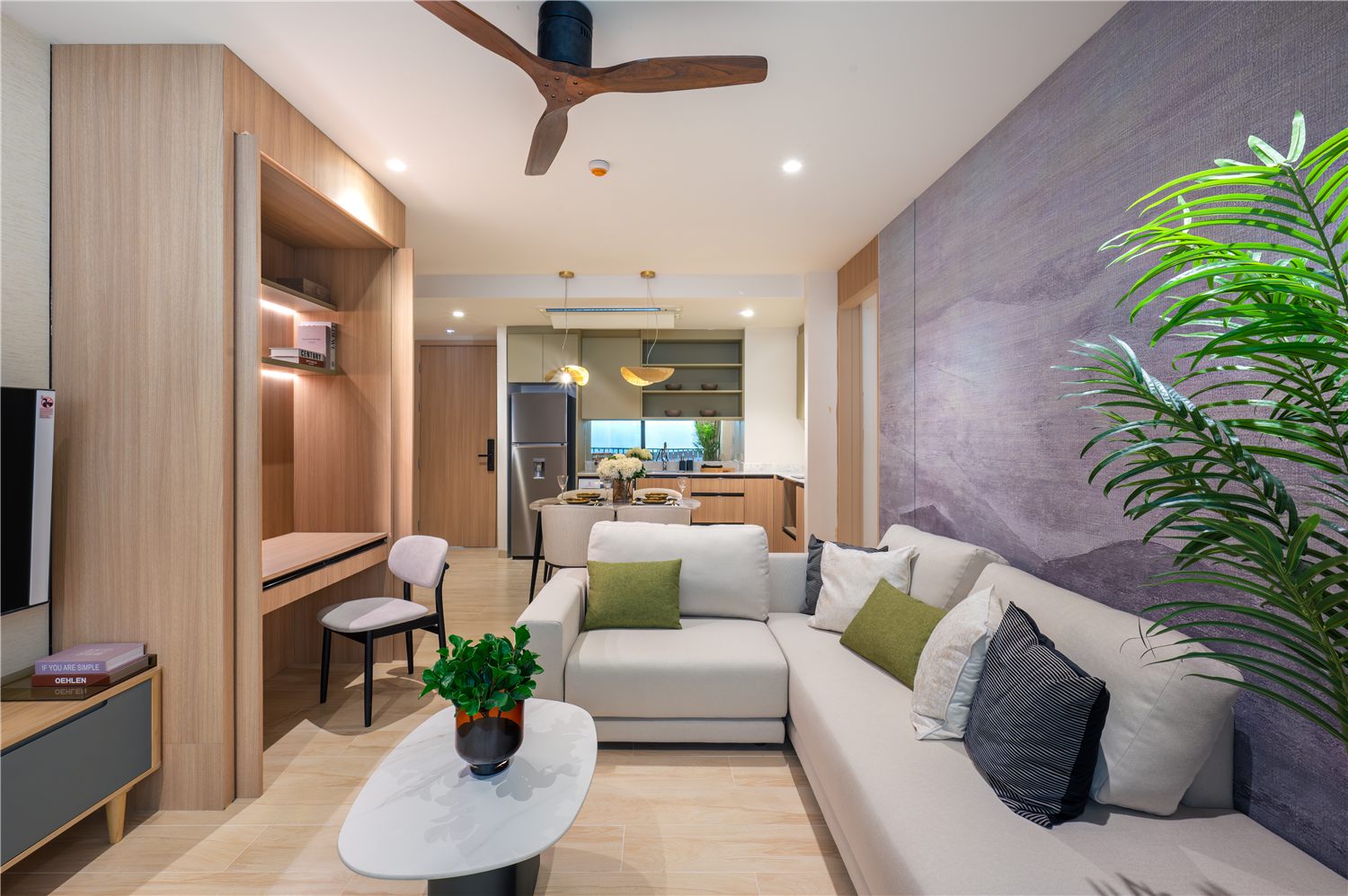 Living and dining room of a two-bedroom Waterside apartment