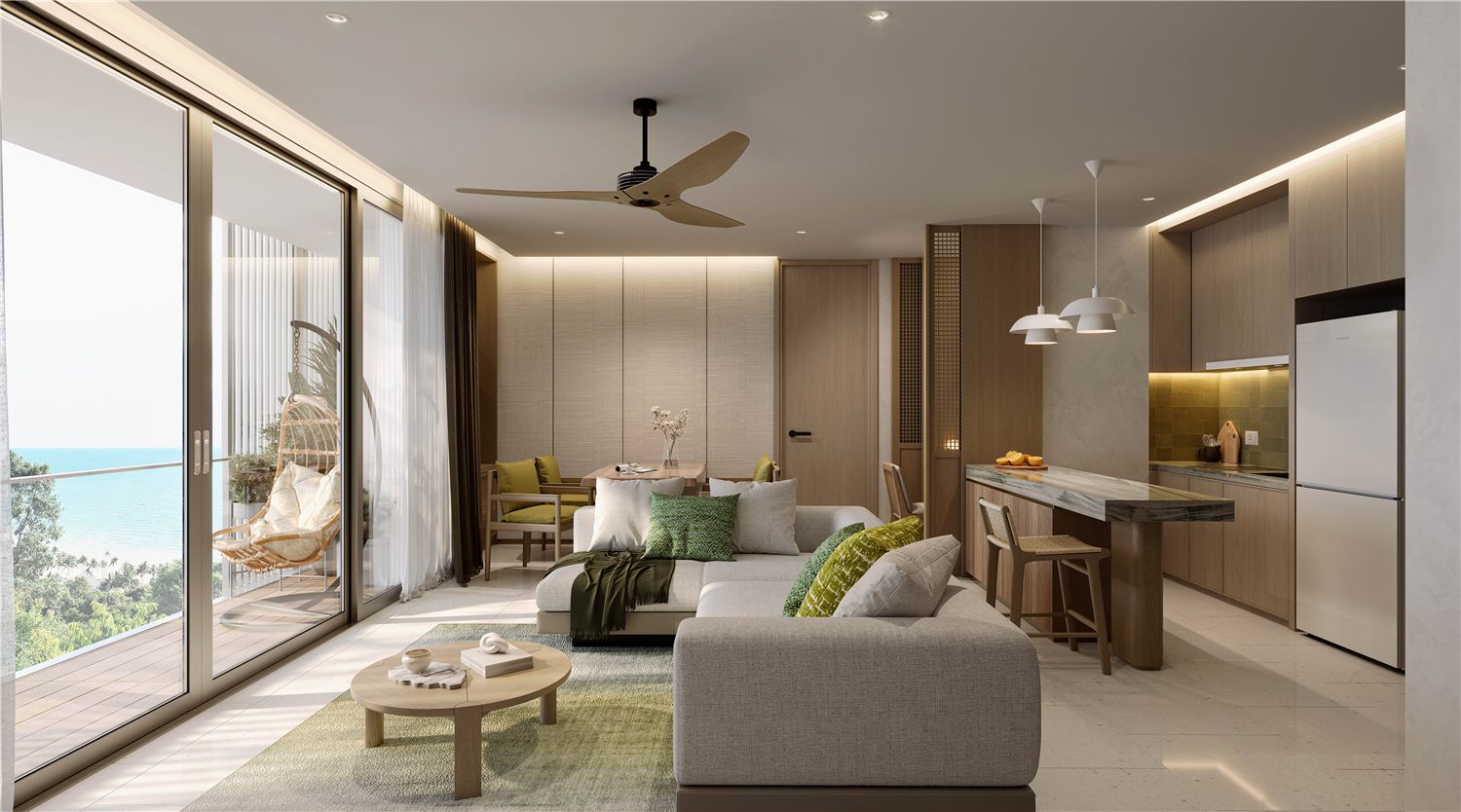 Гостиная квартиры с двумя спальнями Laguna Aster — рендер