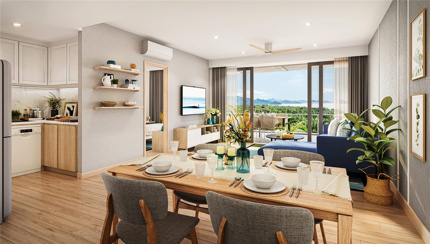 Living and dining room of three-bedroom residence